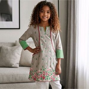J. Girls 10/12 Green Floral Cotton A-Line Printed Kurti Pakistani Tunic Dress